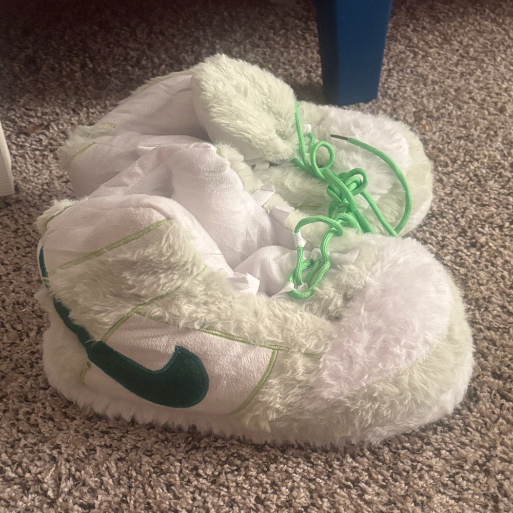 Fluffy Green and White Slippers